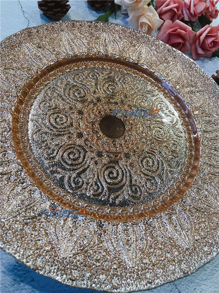 13 Inch Golden Color Luxury Glass Charger Plates Turkish Gold Charger Plate for Table Decoration